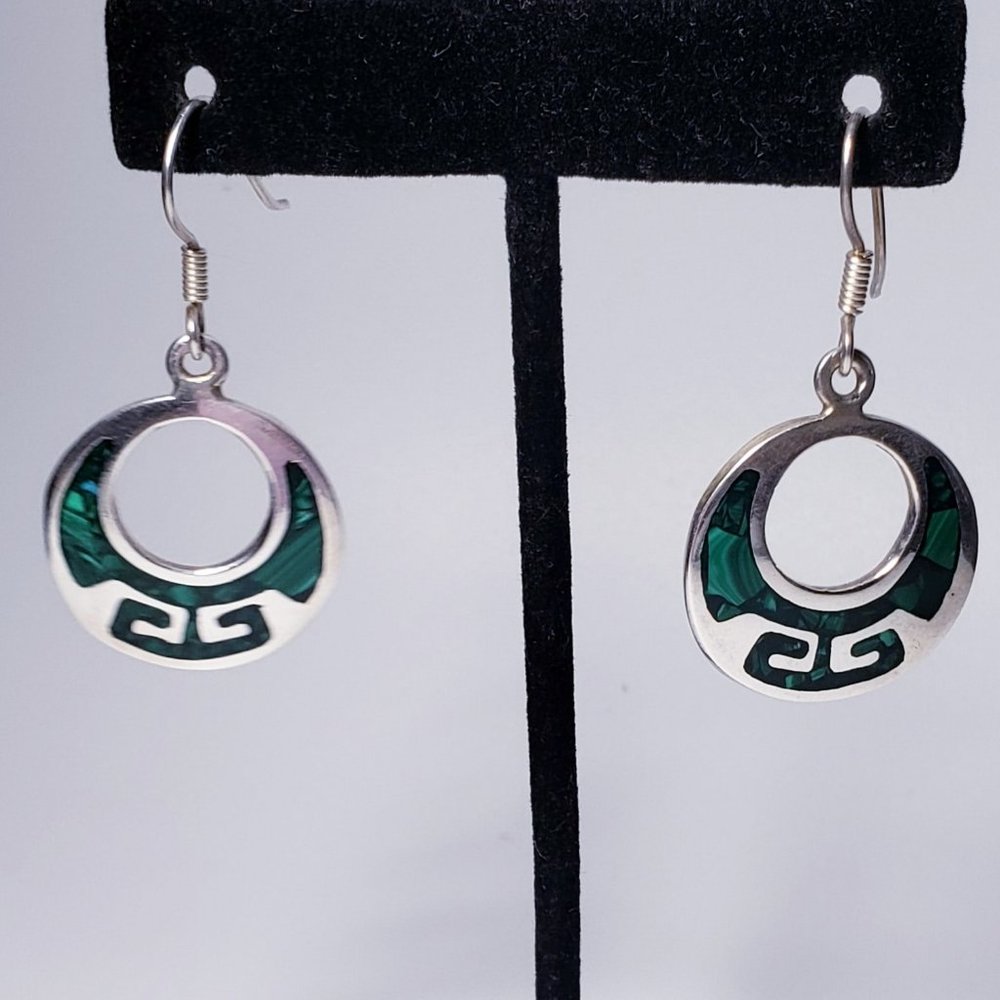 Aztec Mayan Malachite Circle Dangle Earrings - image 1